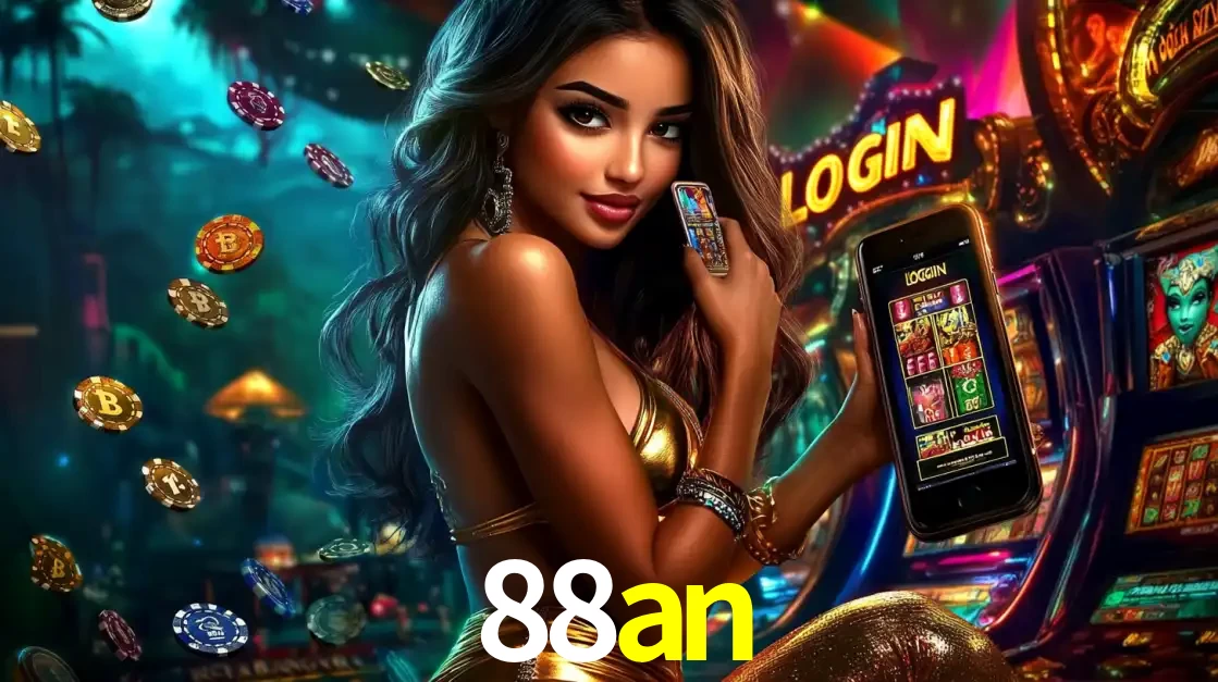 Mulher em um cenário de cassino temático de aventura, mostrando o app de caça-níqueis da 88an no celular. Fichas de apostas flutuam ao redor.